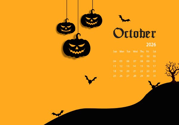 Halloween Themed October 2026 Calendar Desktop Wallpaper