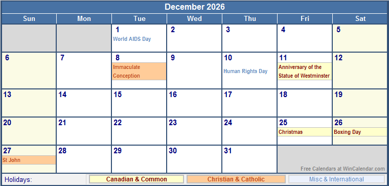 Canadian December 2026 Calendar With Holidays