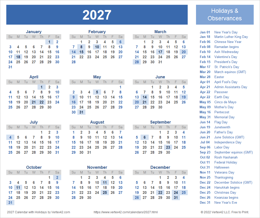 2027 calendar with holidays