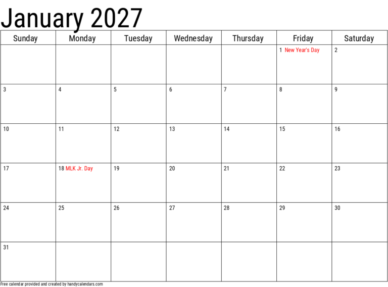 Free Printable January 2027 Calendar: Your Ultimate Planning Companion