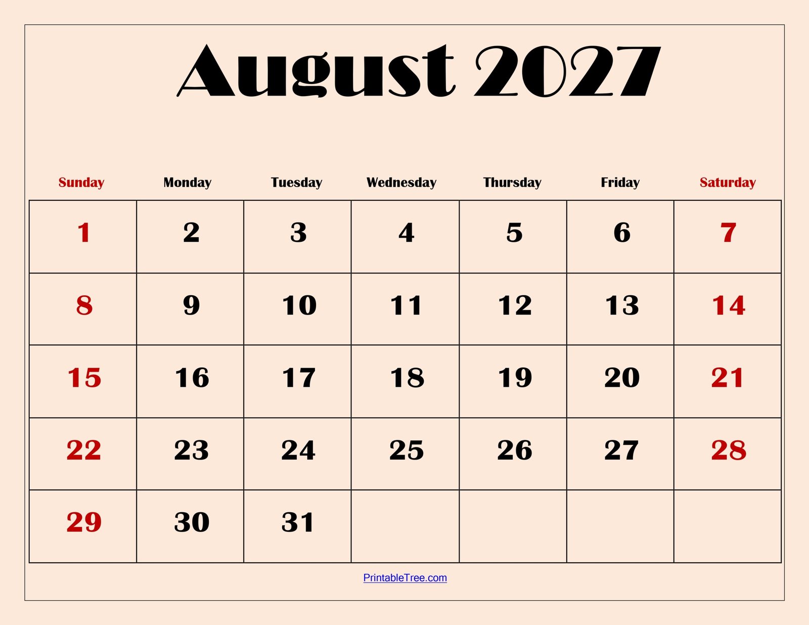 August 2027 Calendar with Light Pink scaled