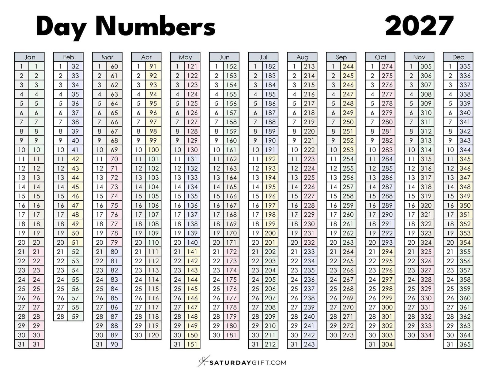 Day Numbers 2027 Printable in Pastel Colors SaturdayGift