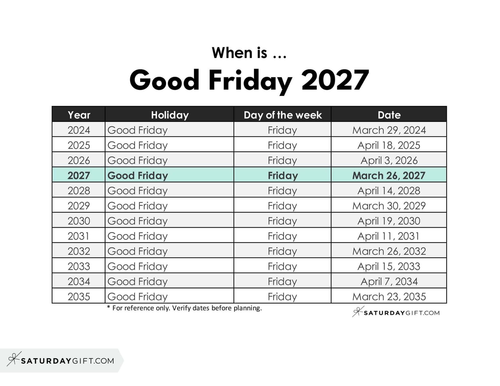 When is Good Friday 2027 SaturdayGift