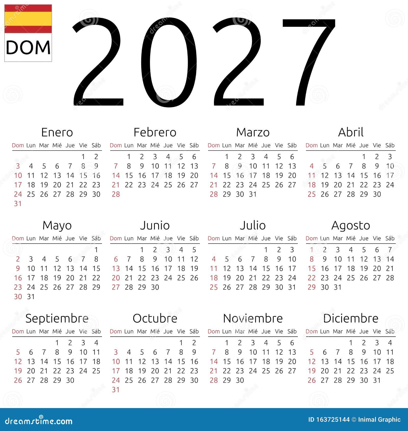 calendar spanish sunday simple annual year wall language week starts highlighted no holidays eps vector illustration 163725144