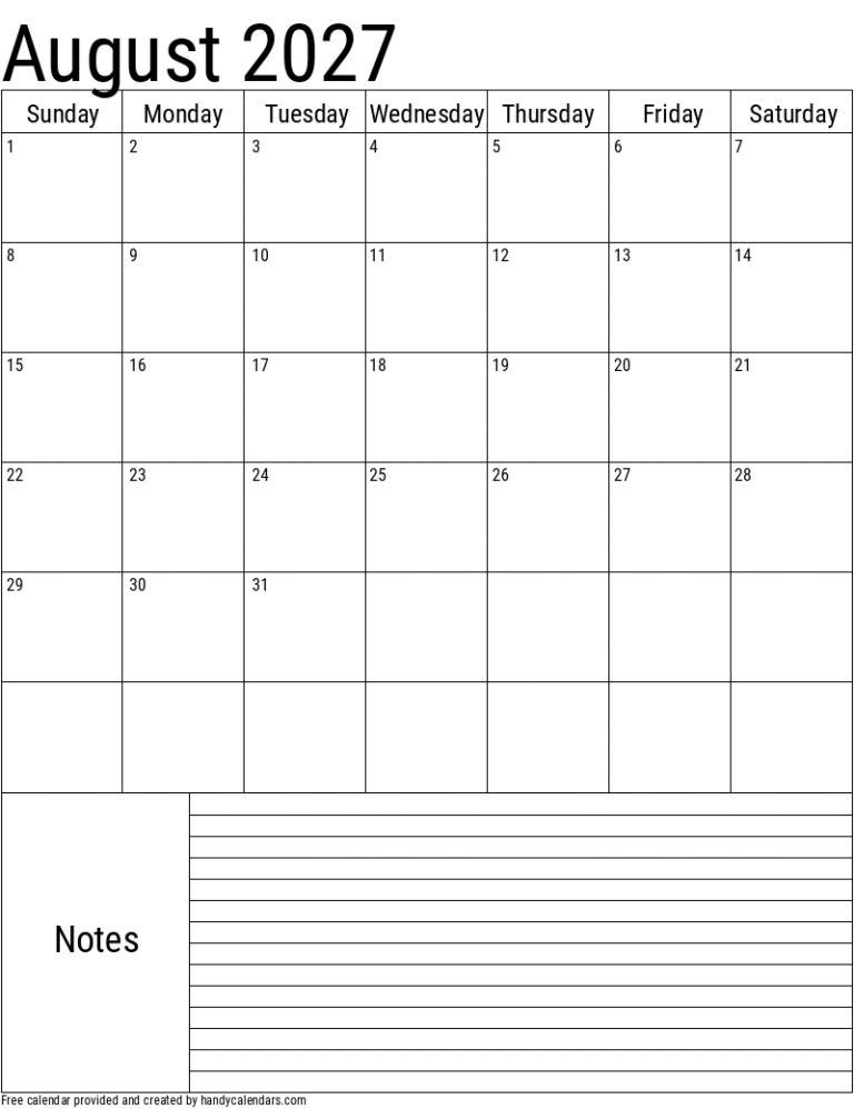 August Calendar 2027 Printable 25 2027 august vertical calendar with notes