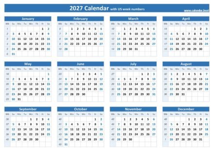 2027 calendar with us week numbers landscape blue 2