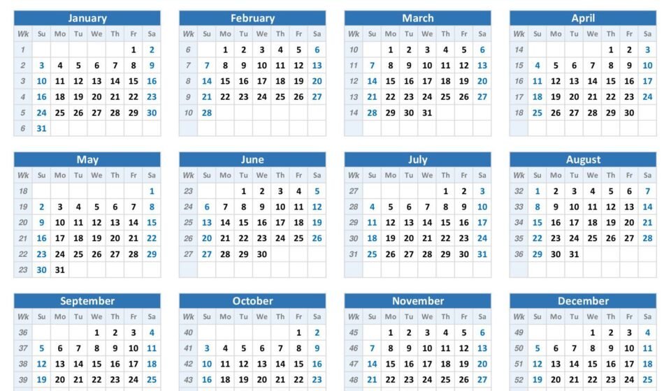 2027 calendar with us week numbers landscape blue