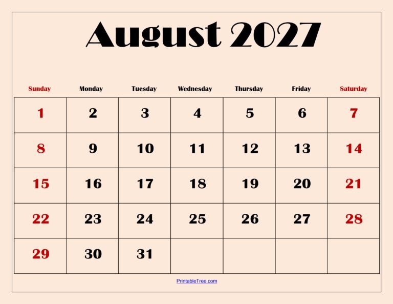Print August 2027 Calendar 32 August 2027 Calendar with Light Pink