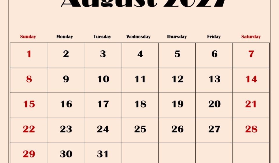 August 2027 Calendar with Light Pink