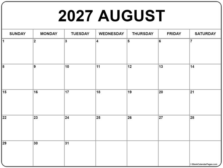 Blank August 2027 Calendar 18 August 2027 calendar b18