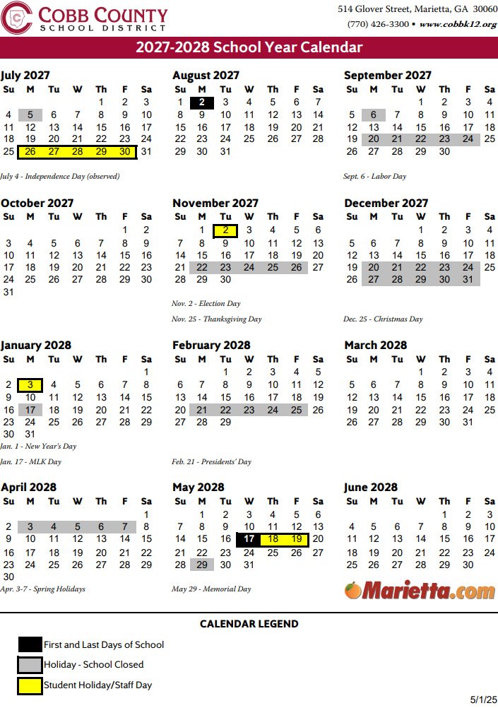 Cobb County School Calendar 2027 2028 v1