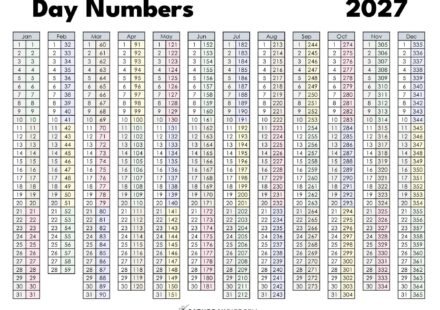 Day Numbers 2027 Printable in Pastel Colors SaturdayGift