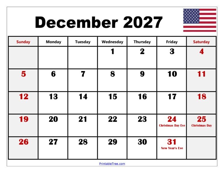 Dec Calendar 2027 Printable 8 December 2027 Calendar with Holidays