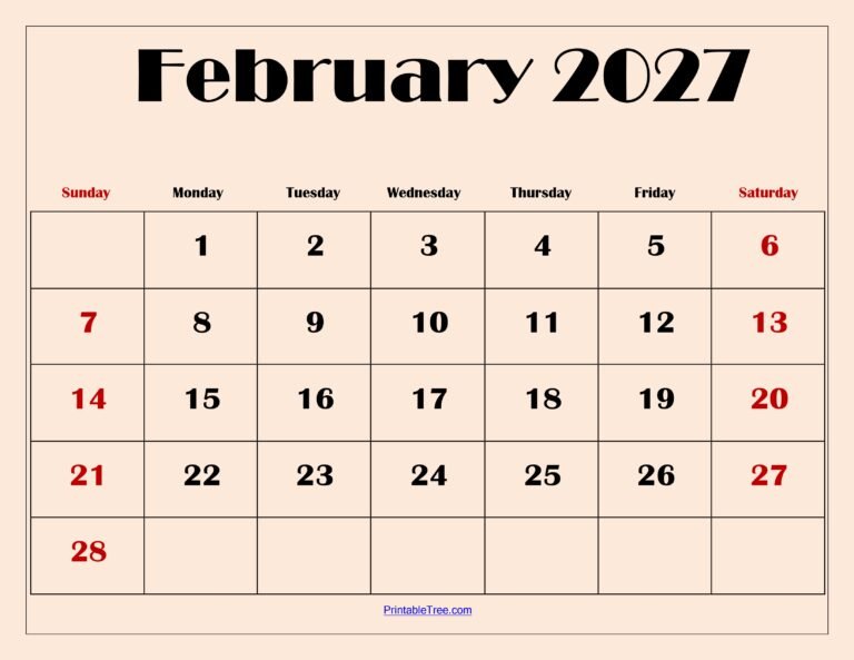 Calendar For February 2027