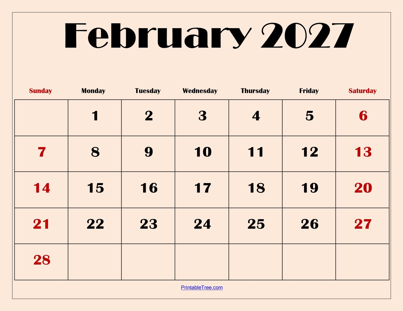 February 2027 Calendar with Light Pink scaled