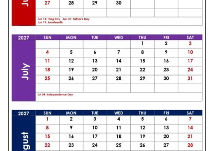 June to August 2027 Calendar with Holidays