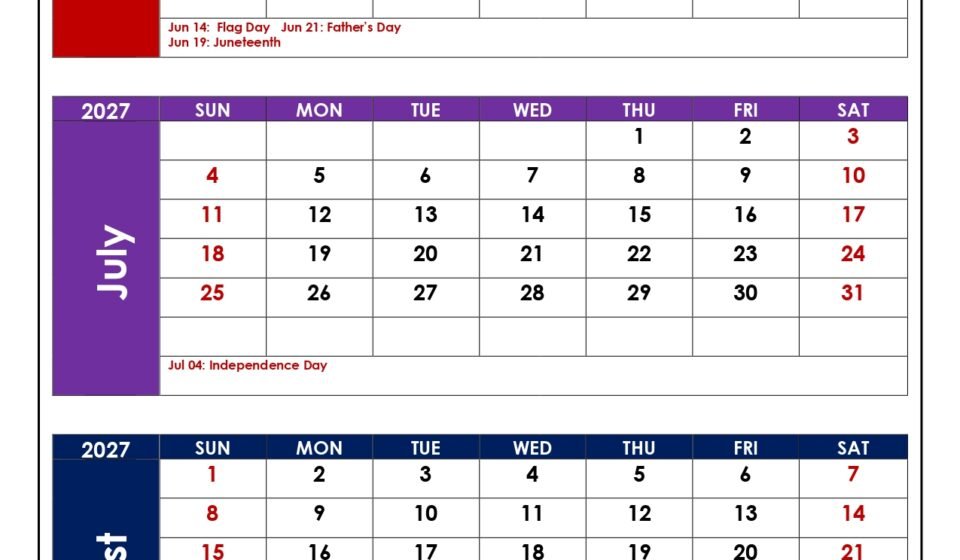 June to August 2027 Calendar with Holidays