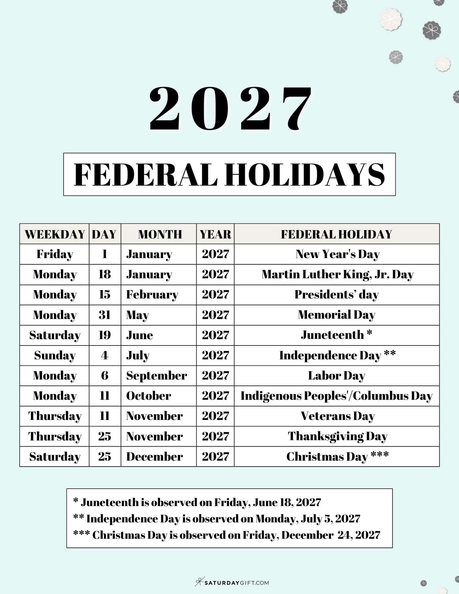 List of Federal Holidays 2027 in the US green SaturdayGift 1