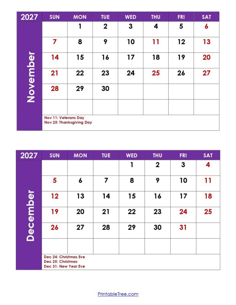November and December 2027 Calendar with Holidays