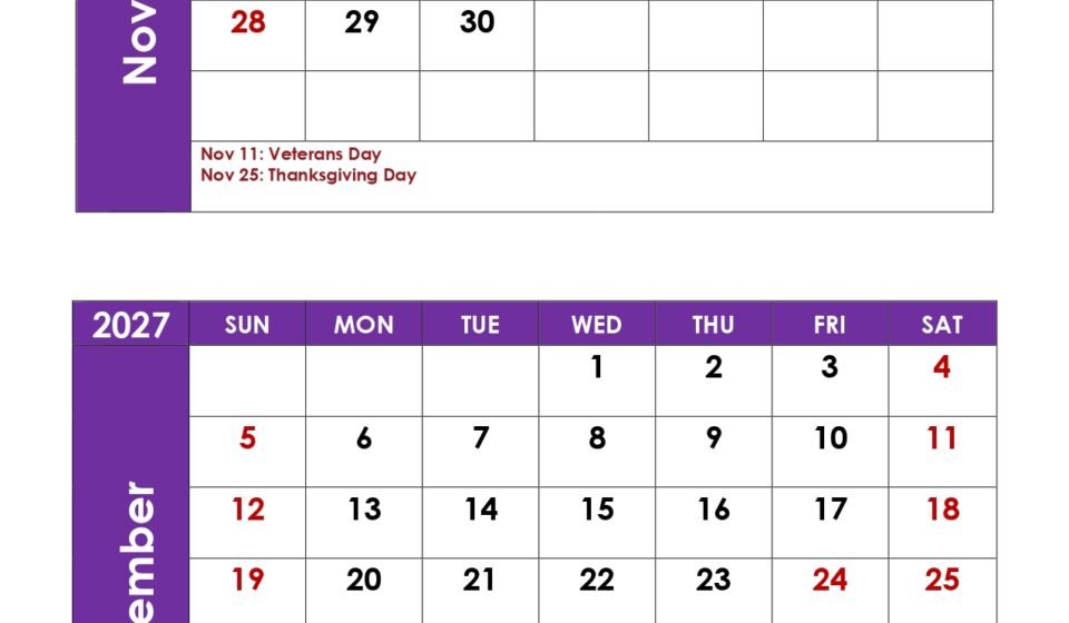 November and December 2027 Calendar with Holidays