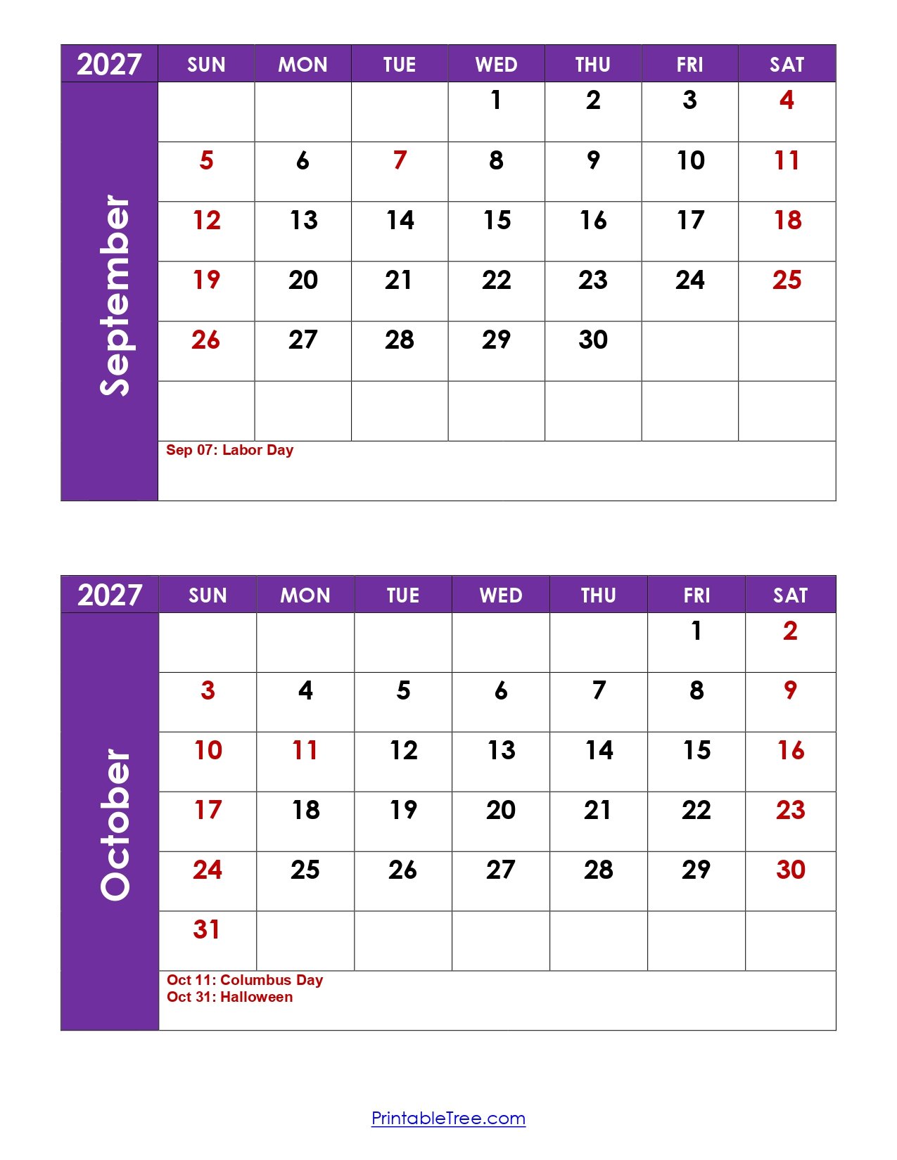 September and October 2027 Calendar with Holidays