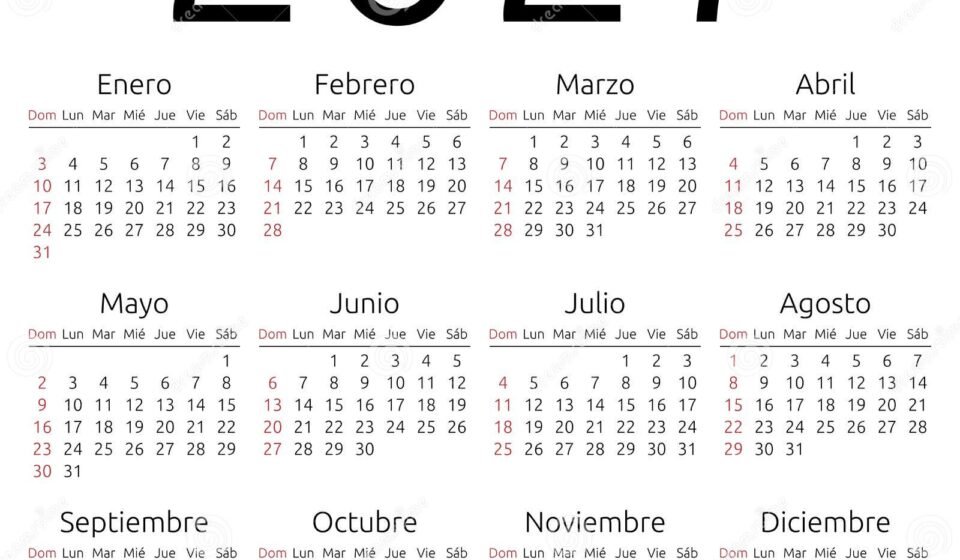 calendar spanish sunday simple annual year wall language week starts highlighted no holidays eps vector illustration 163725144