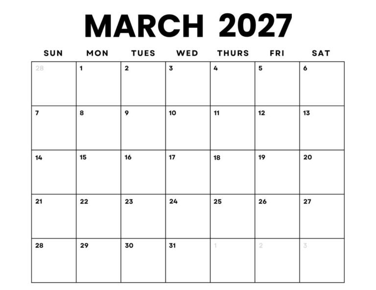 Calendar For March 2027