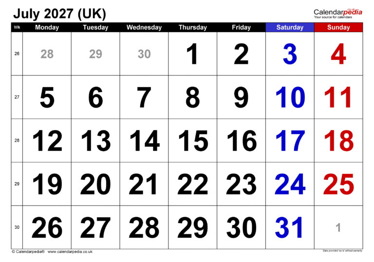 Calendar Of July 2027