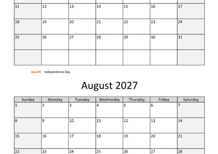 july august two months 2027 calendar vertical 2