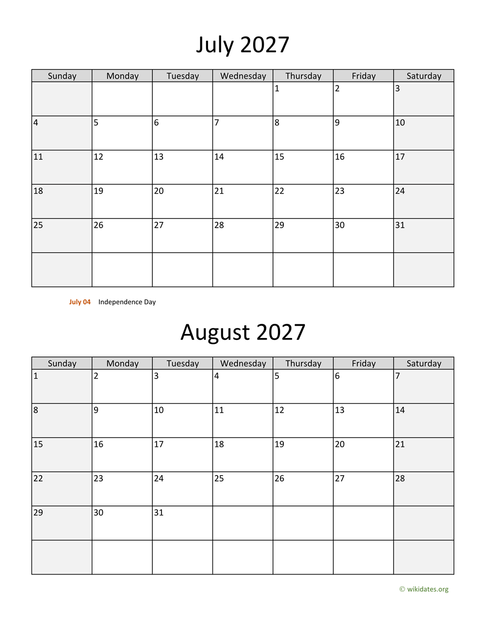 july august two months 2027 calendar vertical