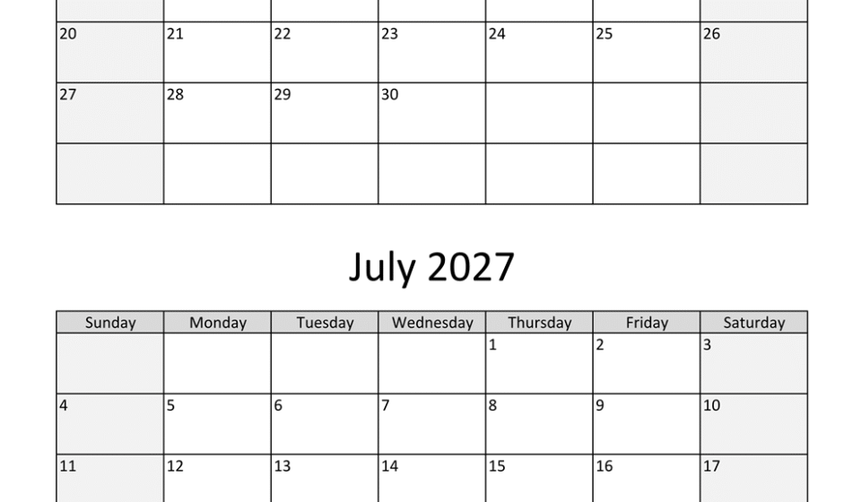 june july two months 2027 calendar vertical