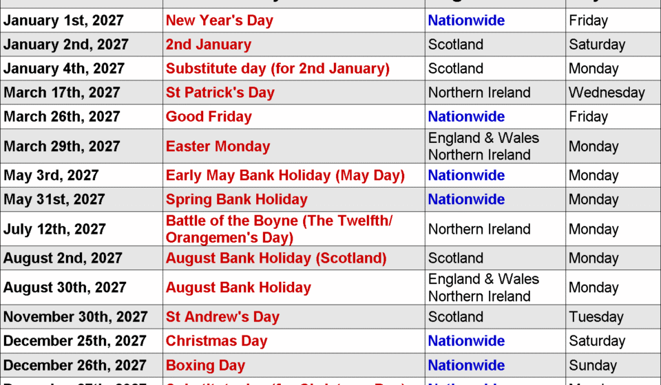 uk bank holidays 2027