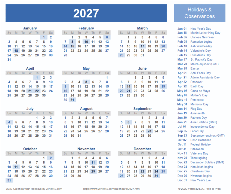 Free Printable 2027 Calendar With Holidays 6 2027 calendar with holidays