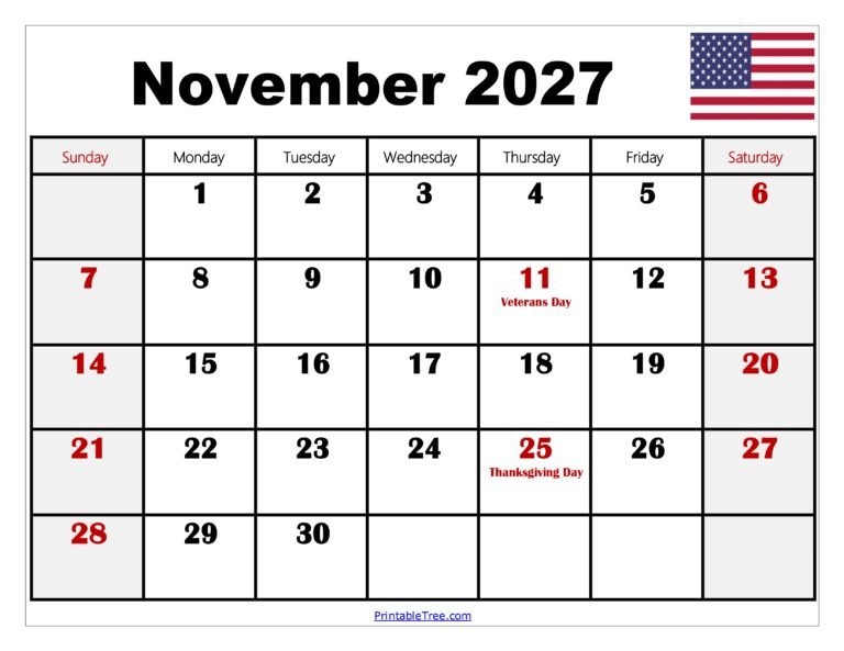 November 2027 Calendar Print 5 November 2027 Calendar with Holidays